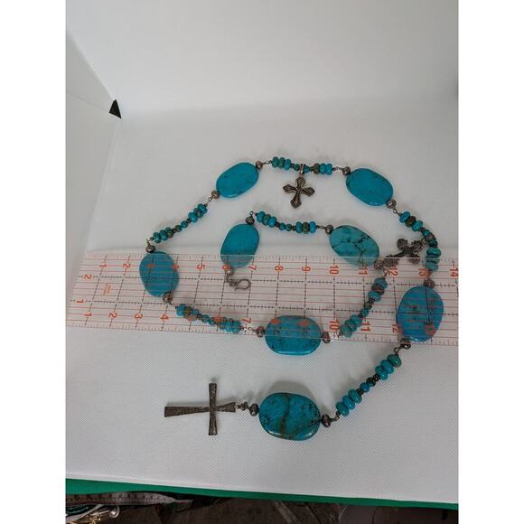 Large Oval Turquoise and Sterling Silver Cross Hook Belt Adjustable 48\